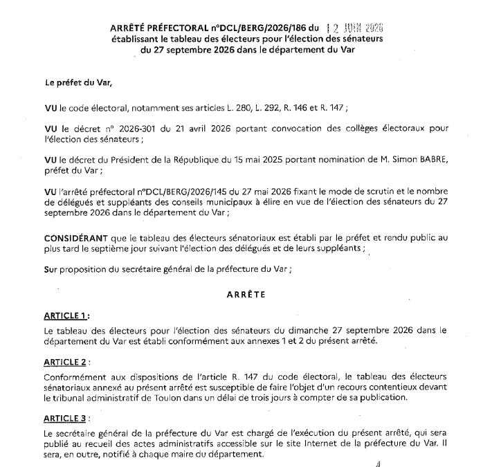 Arrêté préfectoral du 12 juin 2026 établissant le tableau des électeurs pour l&rsquo;élection des sénateurs du 27 septembre 2026 dans le département du VAR