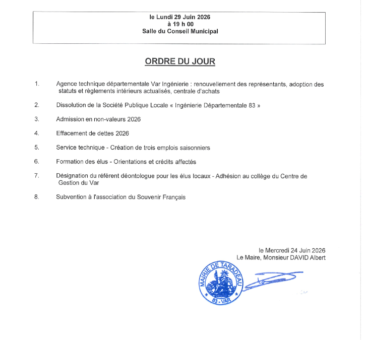 Ordre du jour – CM du 29/06/2026