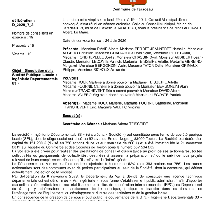 Délibération D_2026_7_2 relative à la dissolution de la SPL ID 83 – CM du 29/06/2026