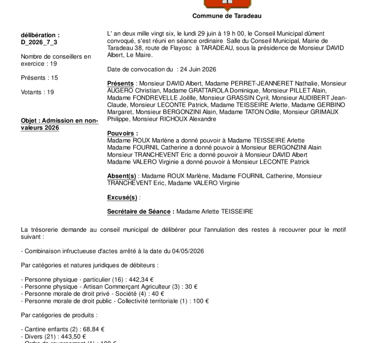 Délibération D_2026_7_3 relative à l&rsquo;admission en non-valeurs 2026 – CM du 29/06/2026