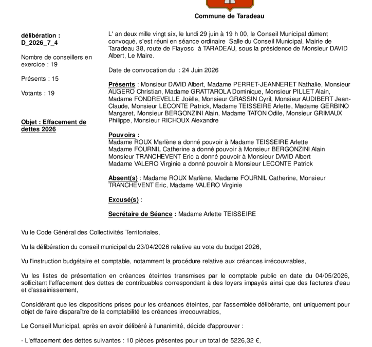 Délibération D_2026_7_4 relative à l&rsquo;effacement de la dette 2026 – CM du 29/06/2026