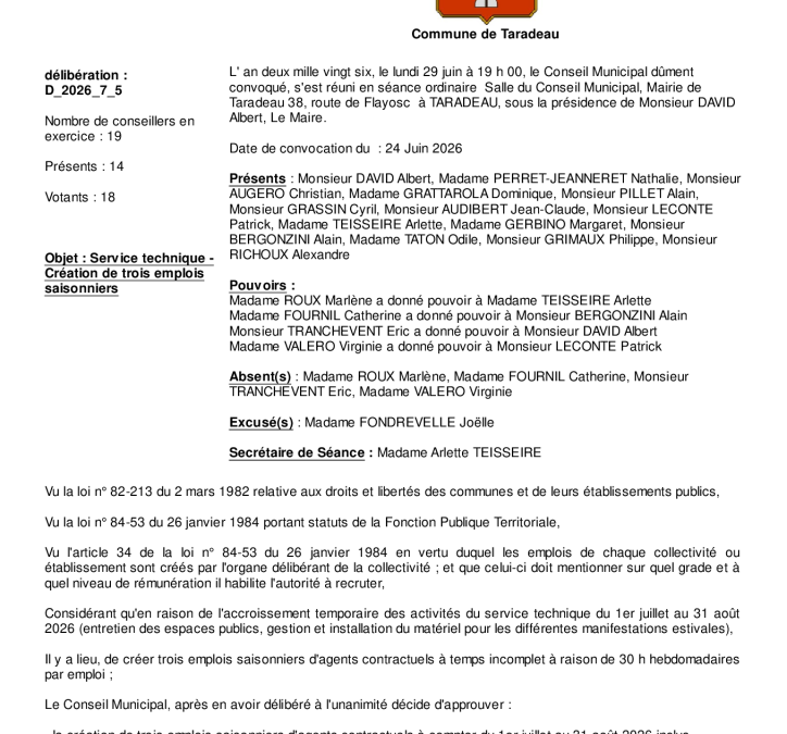 Délibération D_2026_7_5 relative à la création de trois emplois saisonniers au service technique – CM du 29/06/2026