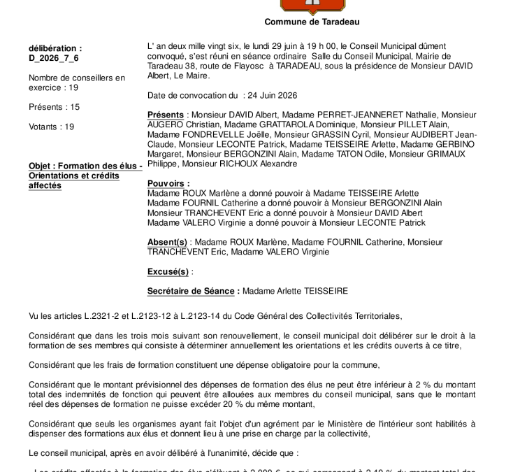 Délibération D_2026_7_6 relative à la formation des élus – CM du 29/06/2026