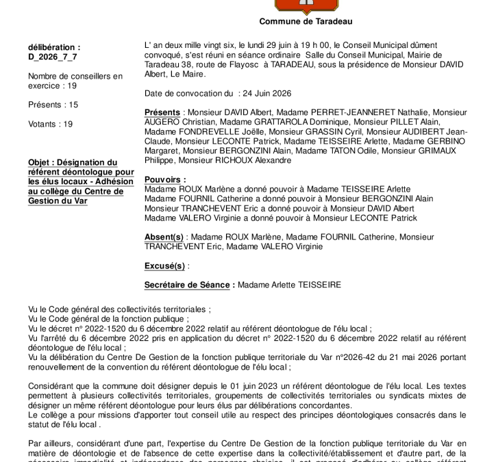 Délibération D_2026_7_7 relative à la désignation du référent déontologue pour les élus locaux – CM du 29/06/2026