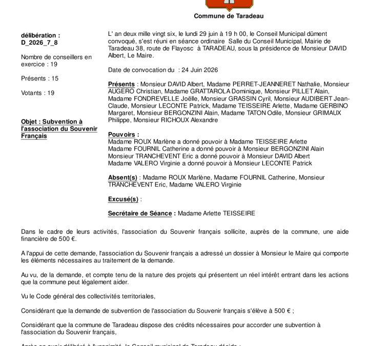 Délibération D_2026_7_8 relative à la subvention à l&rsquo;association du souvenir français – CM du 29/06/2026