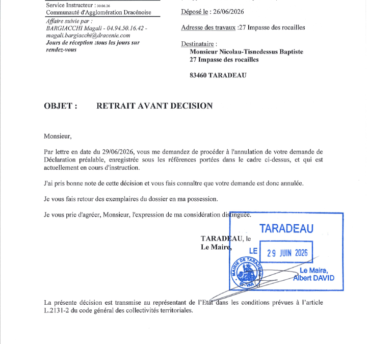 Arrêté retrait avant décision DP n° 083 134 26 00023